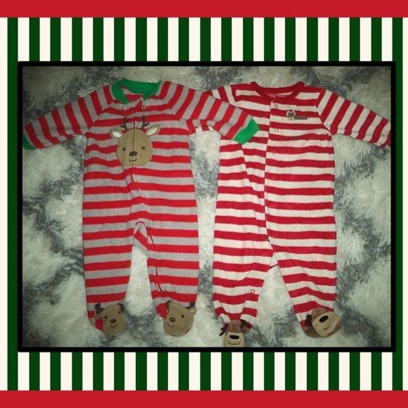 2 PAIRS CHRISTMAS PAJAMAS FLEECE SLEEPERS FOOTIES~CARTERS-GIRLS/BOYS SIZE 3 MO - Picture 2 of 3